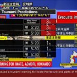 A 7.5 magnitude earthquake hits eastern Japan and triggers a tsunami warning with waves of up to three meters